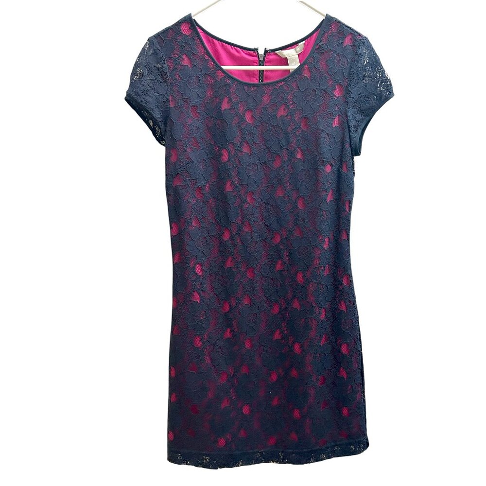 Banana Republic Women’s Size 0P Navy Blue Pink Lace Sheath Dress Zip Back NWT